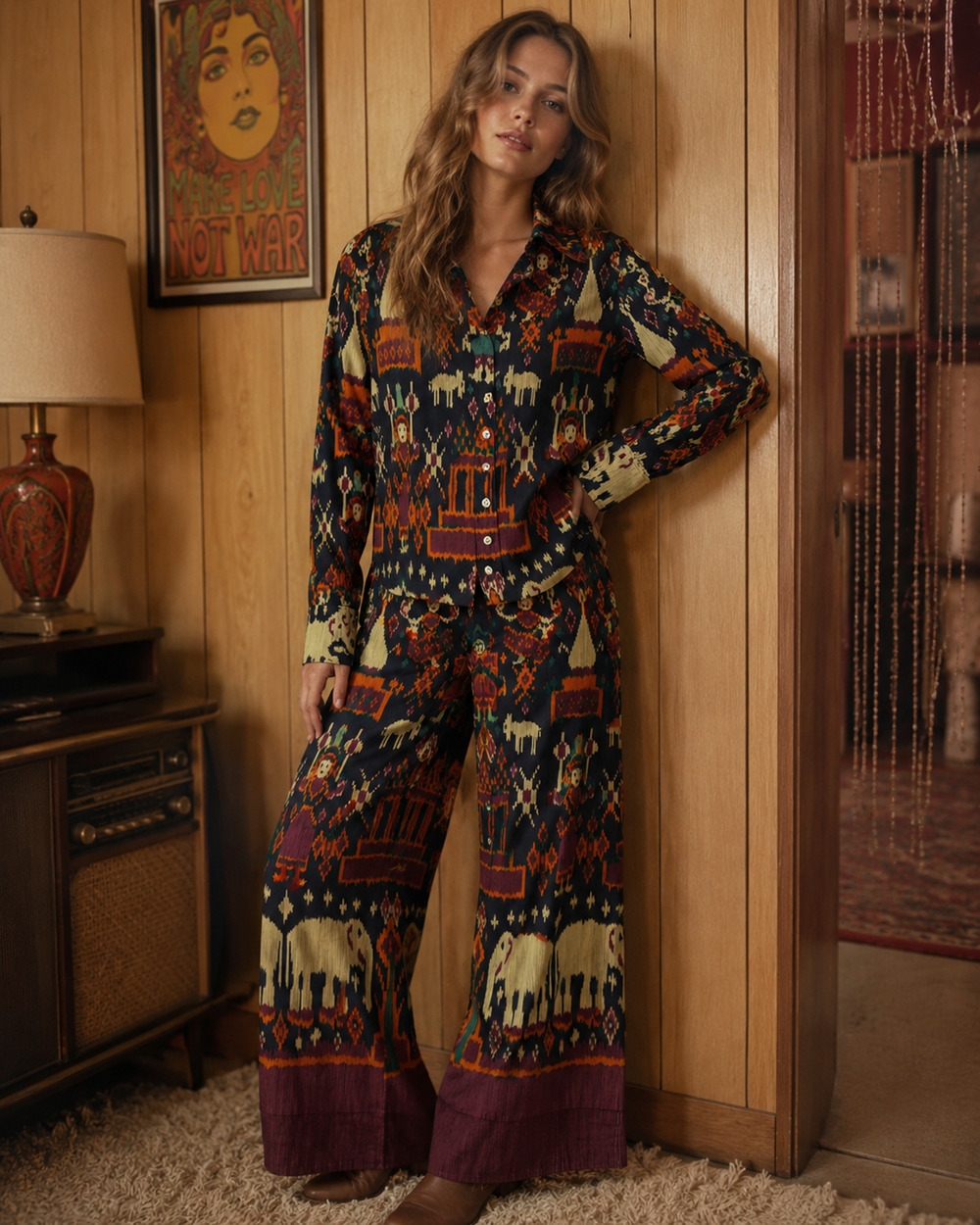 Vintage 70s Anne Klein Women’s Batik Tribal Silk Pant Suit Disco Boho Sz 14